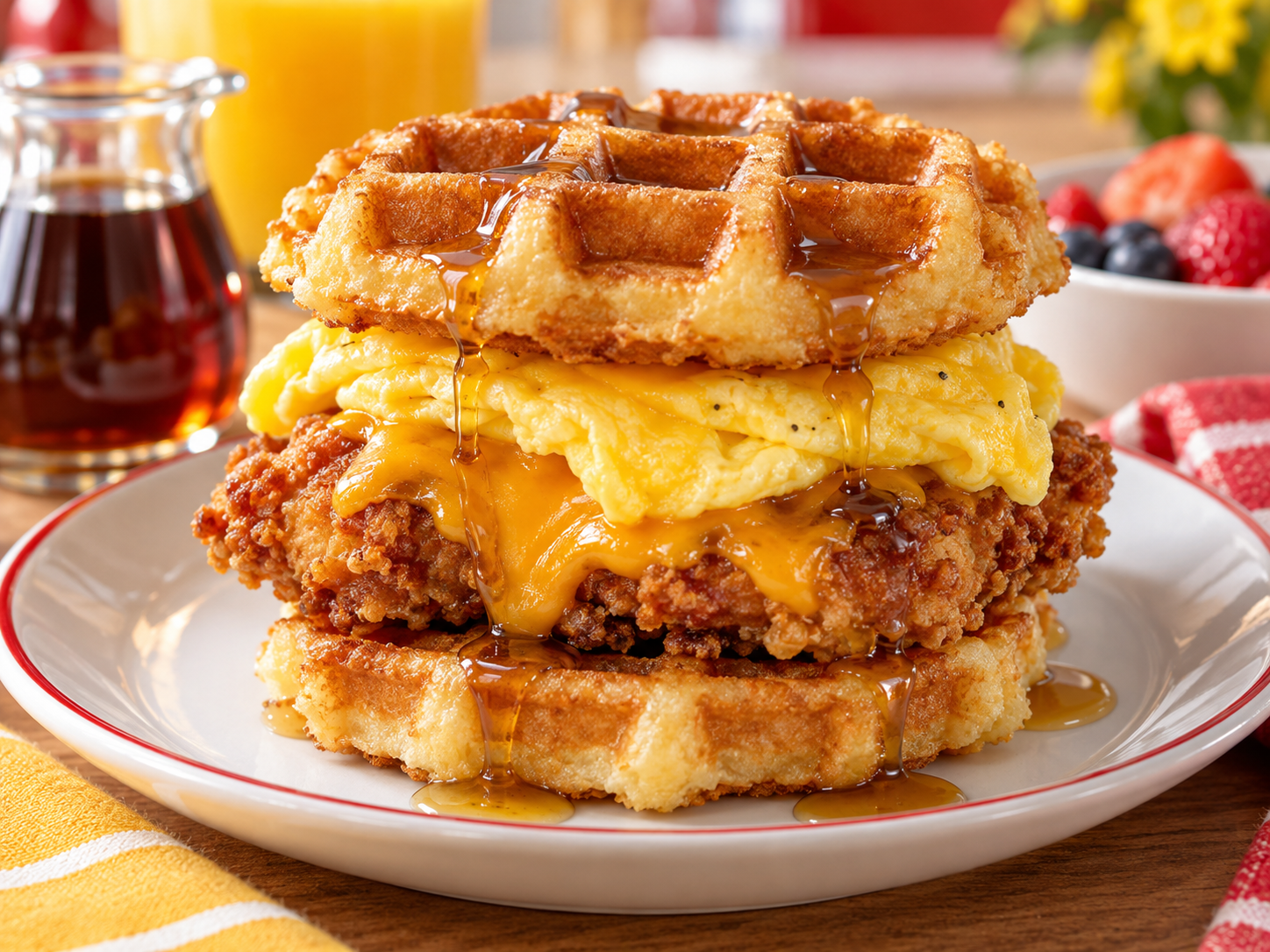 Breakfast waffle burger with crispy chicken, egg, cheddar and maple drizzle