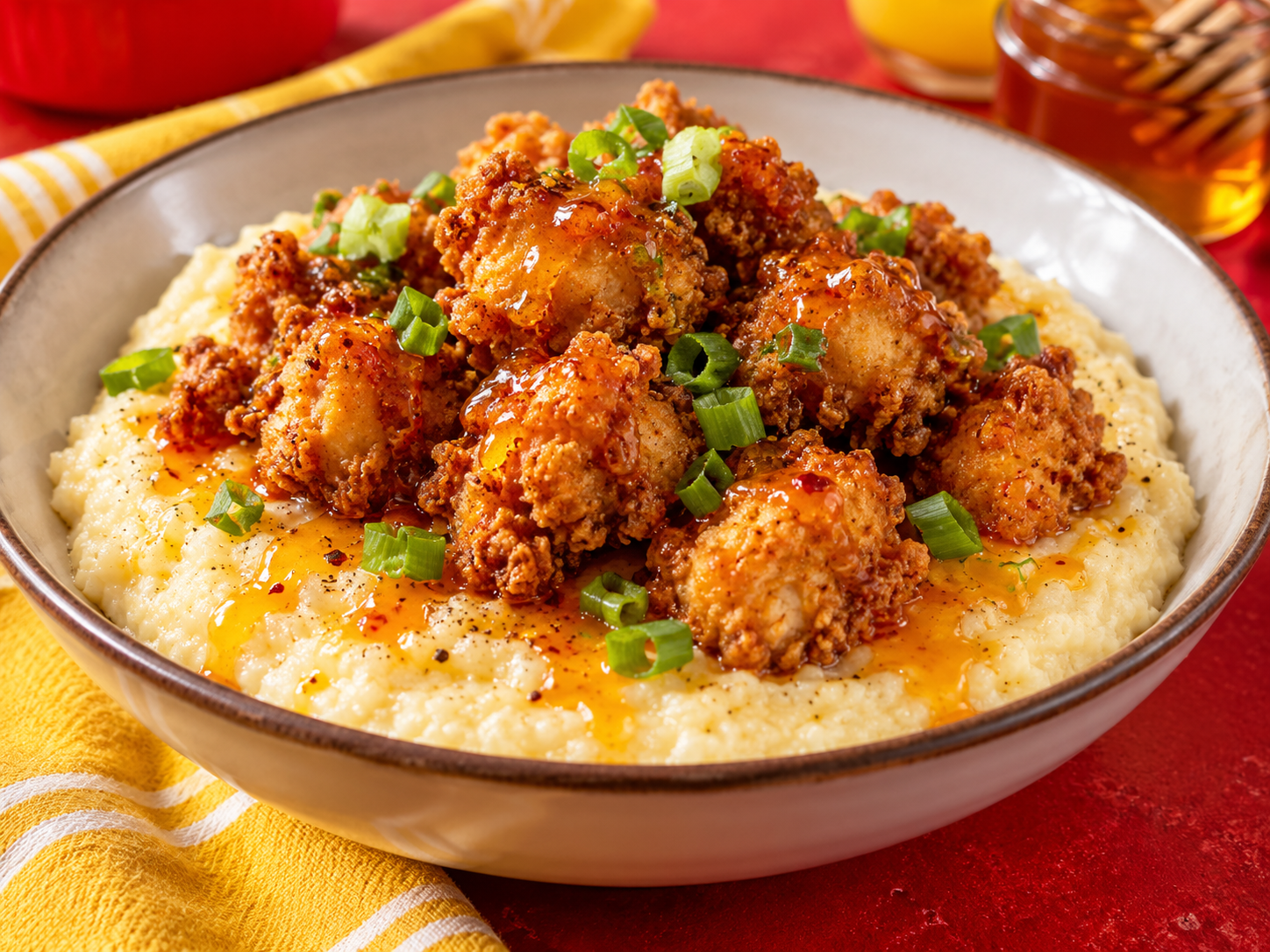 Creamy Southern grits topped with crispy chicken and hot honey