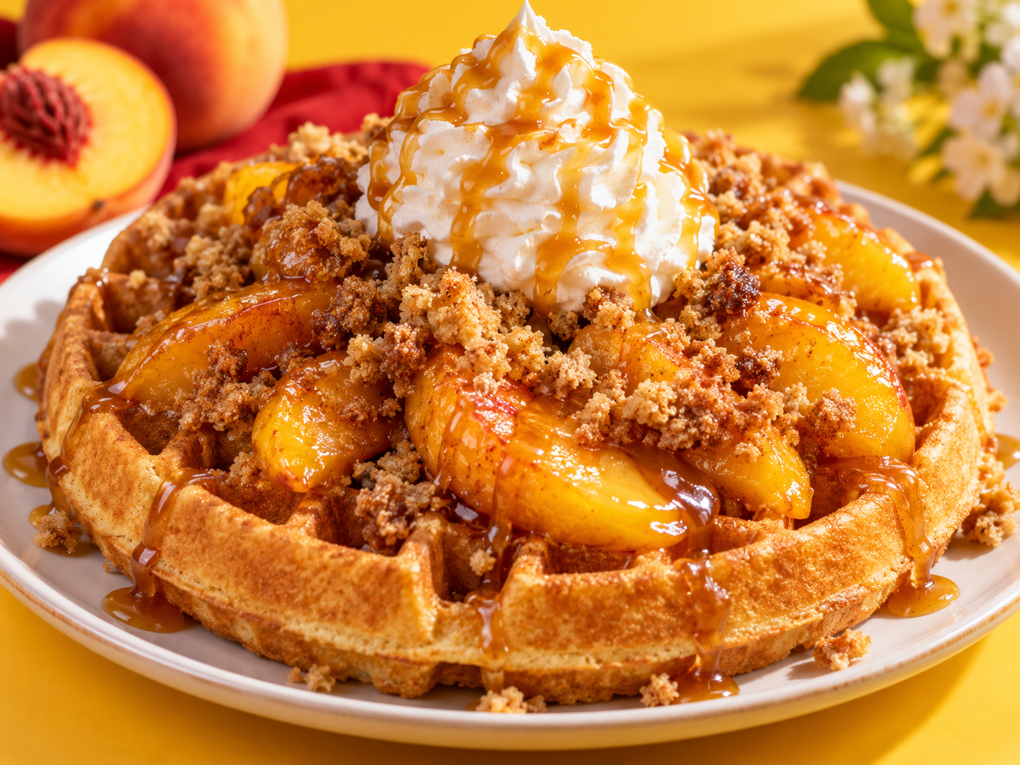 Georgia peach dessert waffle with peach slices, crumble and whipped cream