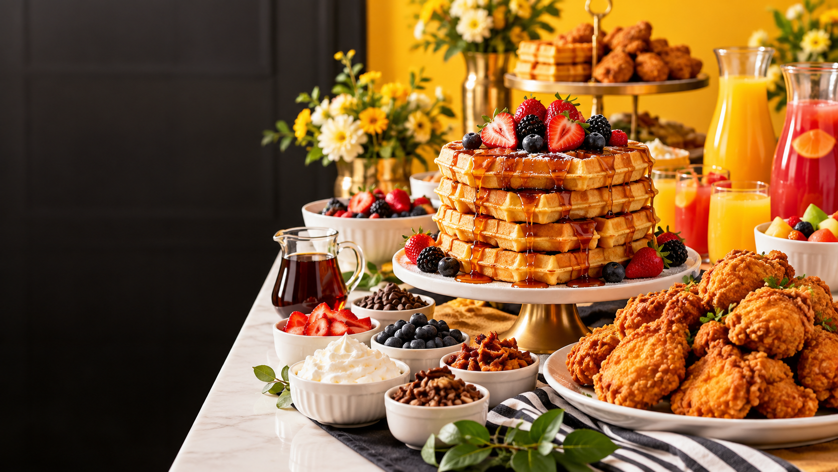 A colorful brunch catering spread with Belgian waffles, fried chicken, berries and drinks