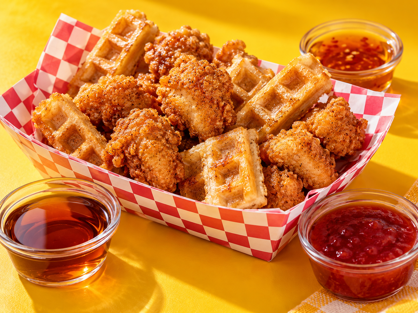Waffle Chick Dippers with fried chicken, waffle strips and dipping sauces