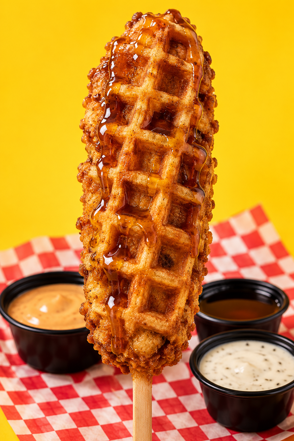 A golden Waffle Chick on a Stick with maple drizzle and dipping sauces